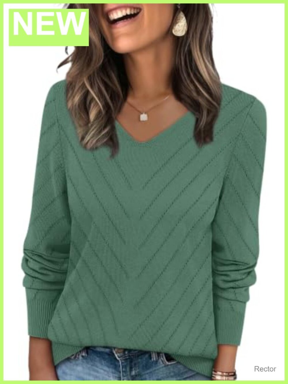 Women V Neck Knit Pullover Long Sleeve Lightweight Sweater Casual